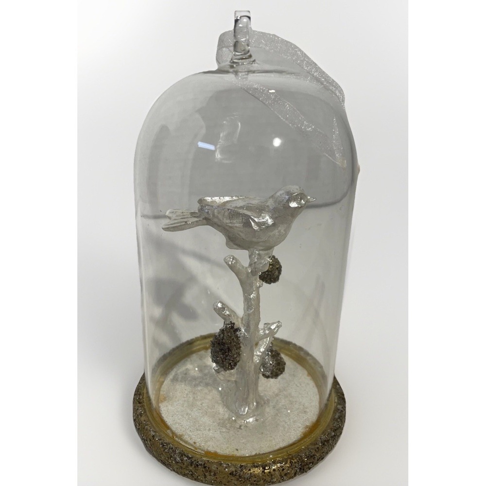 Vintage Glass Christmas BELL JAR Ornament 5"X3" 2000 White Bird Gold Sparkleโ
